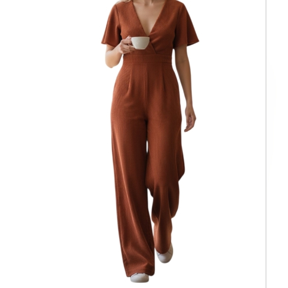 Vacate The Label Stripe Deep V Flutter Sleeve Tie Waist Wide Leg Jumpsuit Sz S